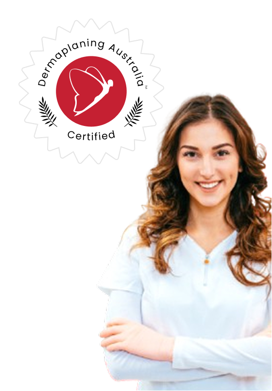 The Dermaplaning Australia logo overlayed on a nurse smiling with their arms folded